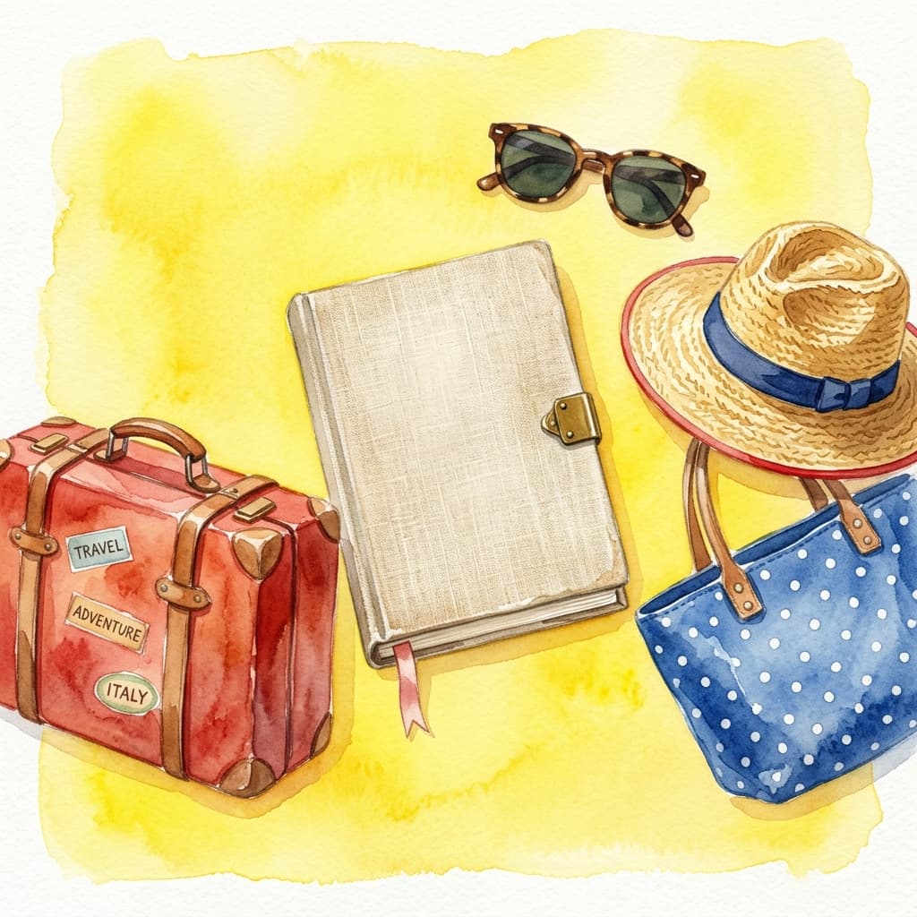 Five Minute Journal on a vibrant yellow background with travel accessories